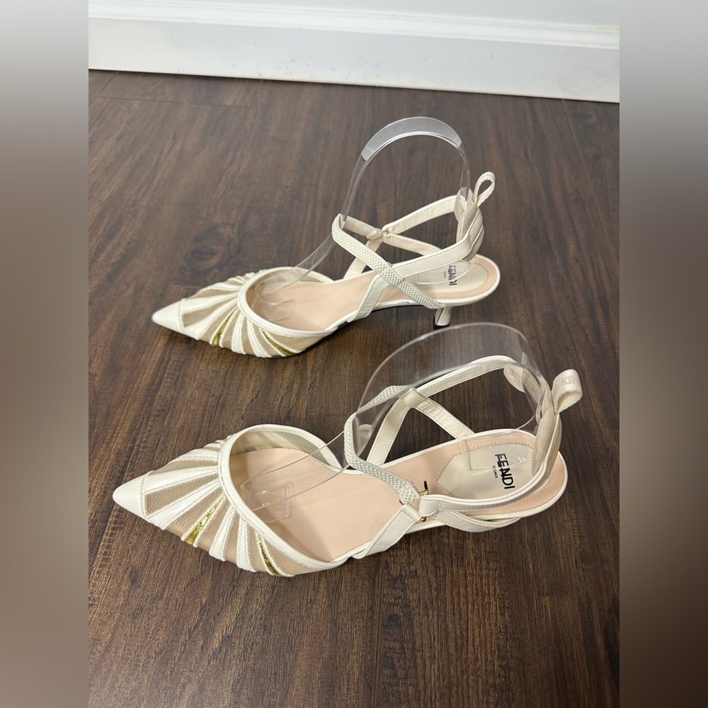 Fendi Leather And Mesh High-heeled Slingbacks In Blanc - Picture 6 of 15